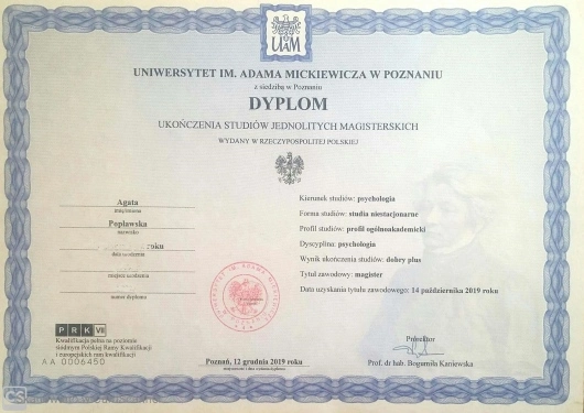 dyplom ukończenia studiów psychologicznych
