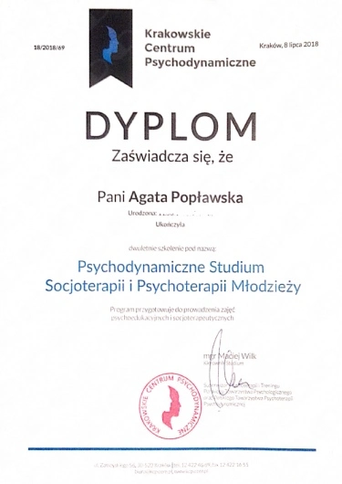 dyplom ukończenia szkolenia psychodynamicznego