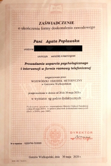 zaświadczenie o ukończeniu formy doskonalenia zawodowego