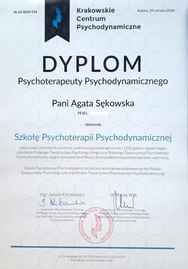 dyplom ukończenia szkoły psychoterapii psychodynamicznej